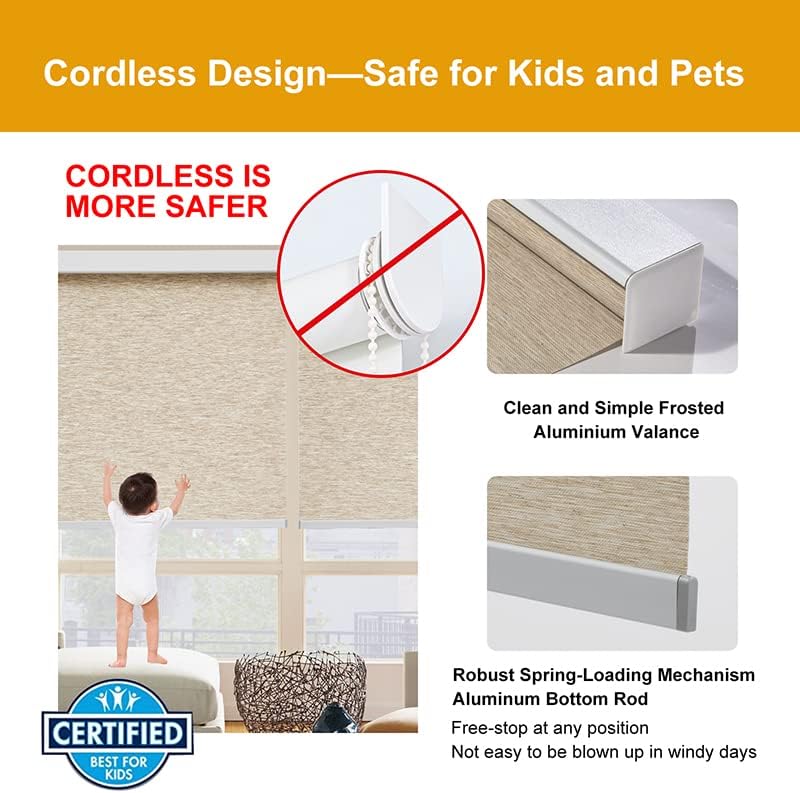 Persilux Free-Stop Cordless Roller Window Blinds Light Filtering Roller Shades for Windows (Khaki 24 W x 72 H) Natural Woven Fabric UV Protection Thermal Insulation Roller Blinds for Windows, Home